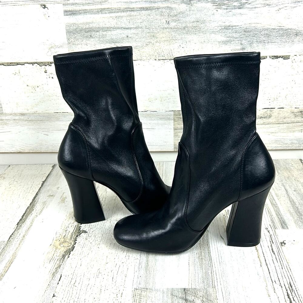 Stuart Weitzman Womens 9 Black Leather Curveblock Square Toe Slip-On Boot  NEW